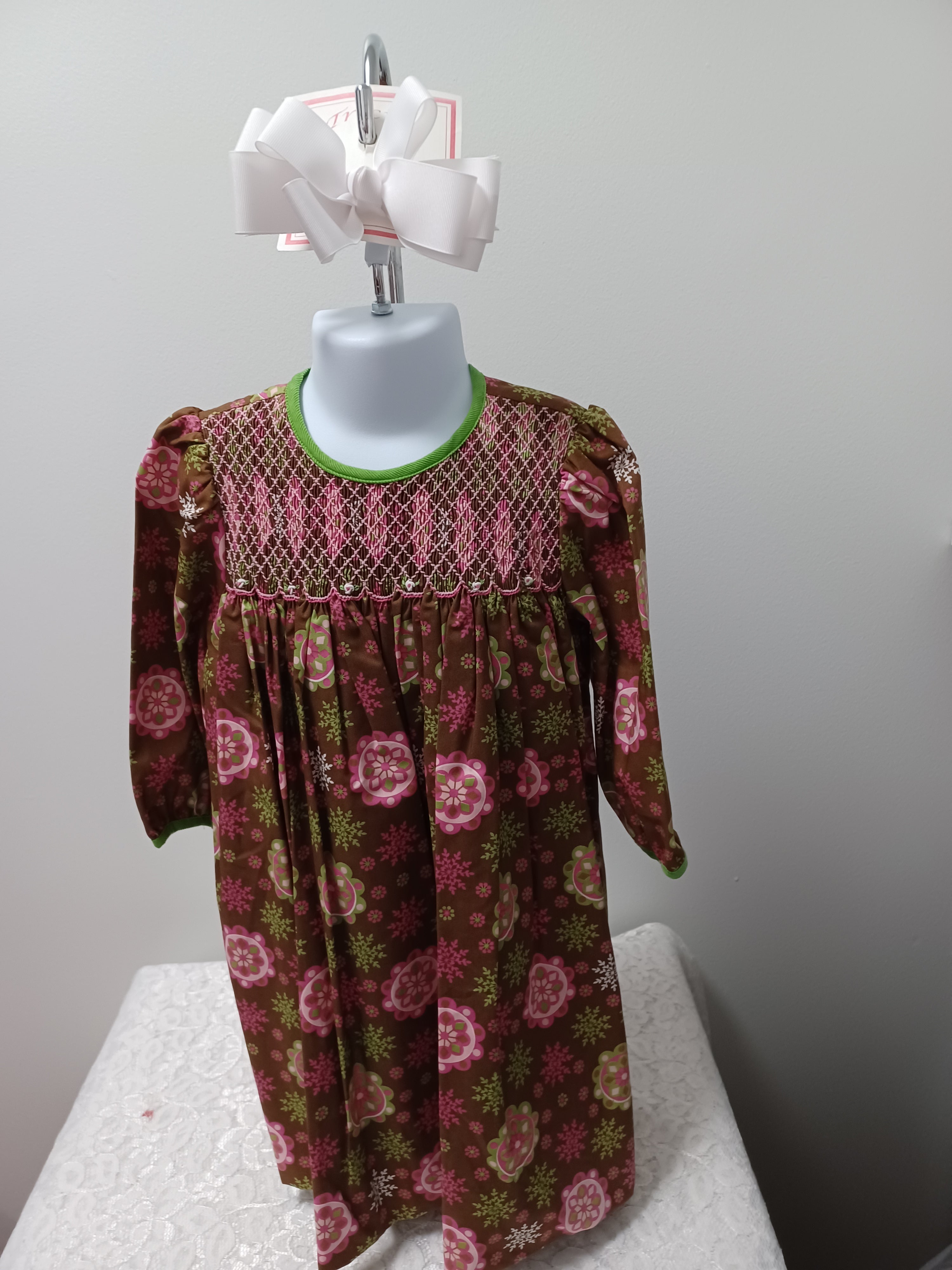 Hot Pink and Brown Long Sleeve Smocked Dress